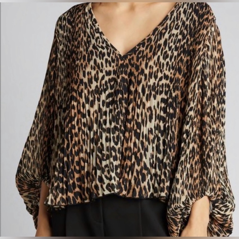 Ganni Tan and Brown Animal Print V-Neck Bishop Sleeve Blouse